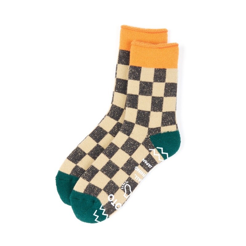 ROTOTO Pile Room Checkerboard Socks - Beige / Light Orange / Dark Green