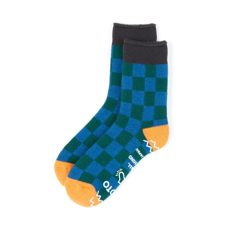 ROTOTO Pile Room Checkerboard Socks - Blue / Charcoal / Light Orange