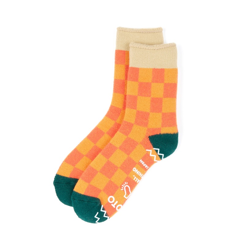ROTOTO Pile Room Checkerboard Socks - Light Orange / Beige / Dark Green