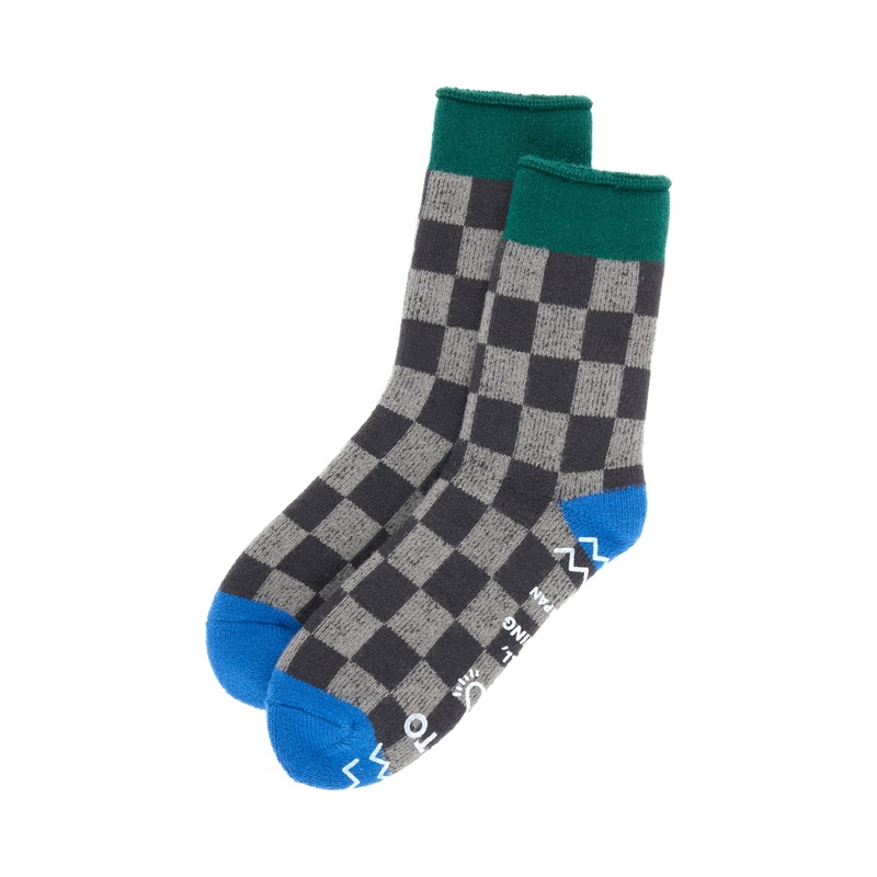 ROTOTO Pile Room Checkerboard Socks - Charcoal / Dark Green / Blue