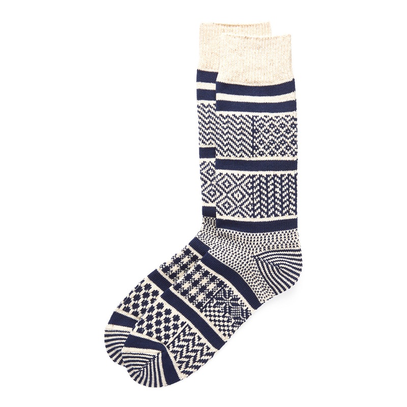 ROTOTO Multi Jacquard Crew Socks - Ivory/Navy