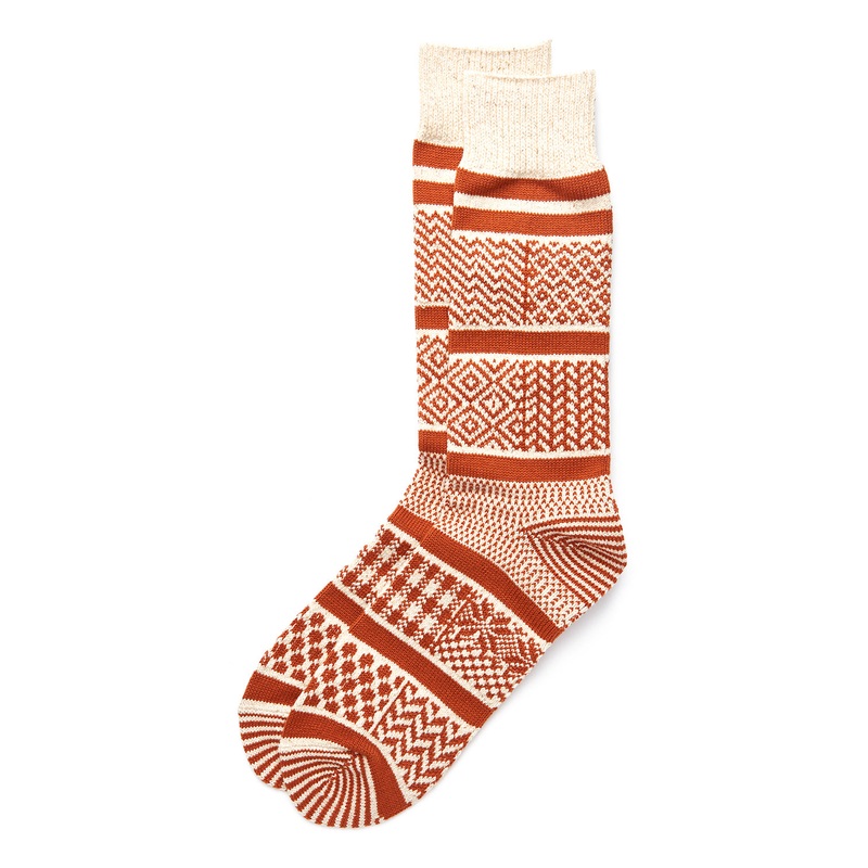 ROTOTO Multi Jacquard Crew Socks - Ivory/Rust